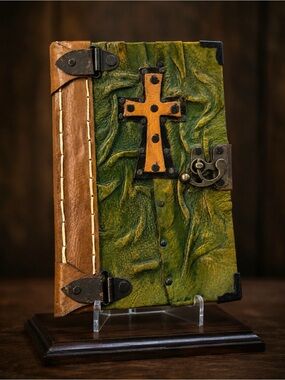 NWOT Handcrafted Leather Journal with Cross Accent - Green & Brown